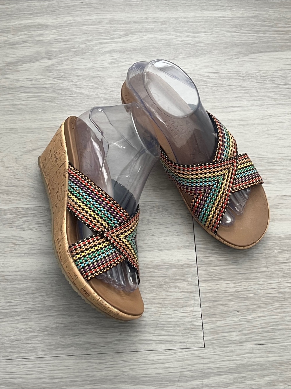 Skechers Luxe Foam Multicolor Woven Cork Wedge Slide Sandals Size 8